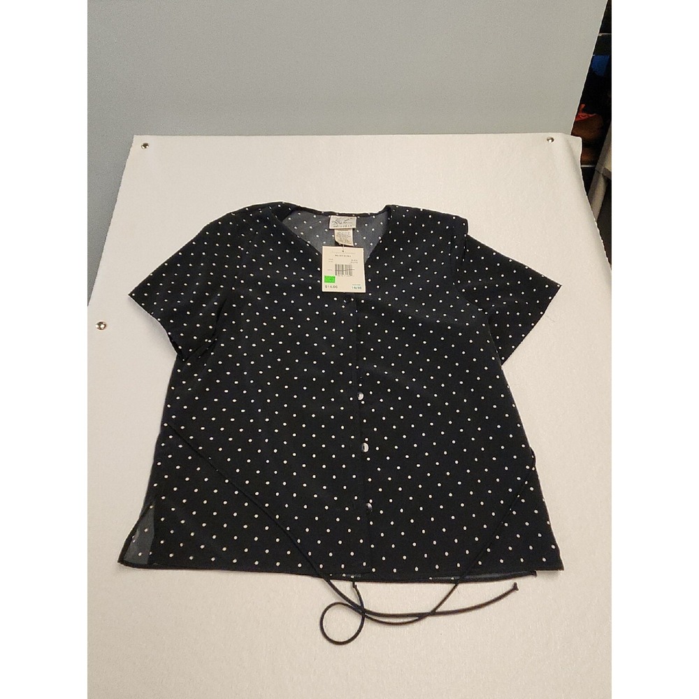 Kathie Lee V-Neck Short-Sleeve Black W/White Polka Dots, Button Down, Top, sz XL